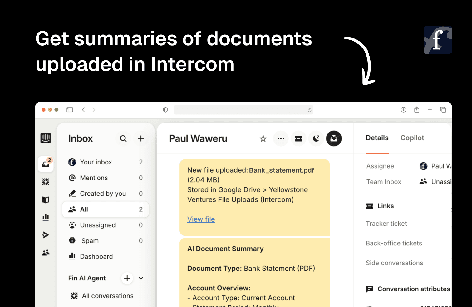 AI-powered document summary shown in Intercom conversation