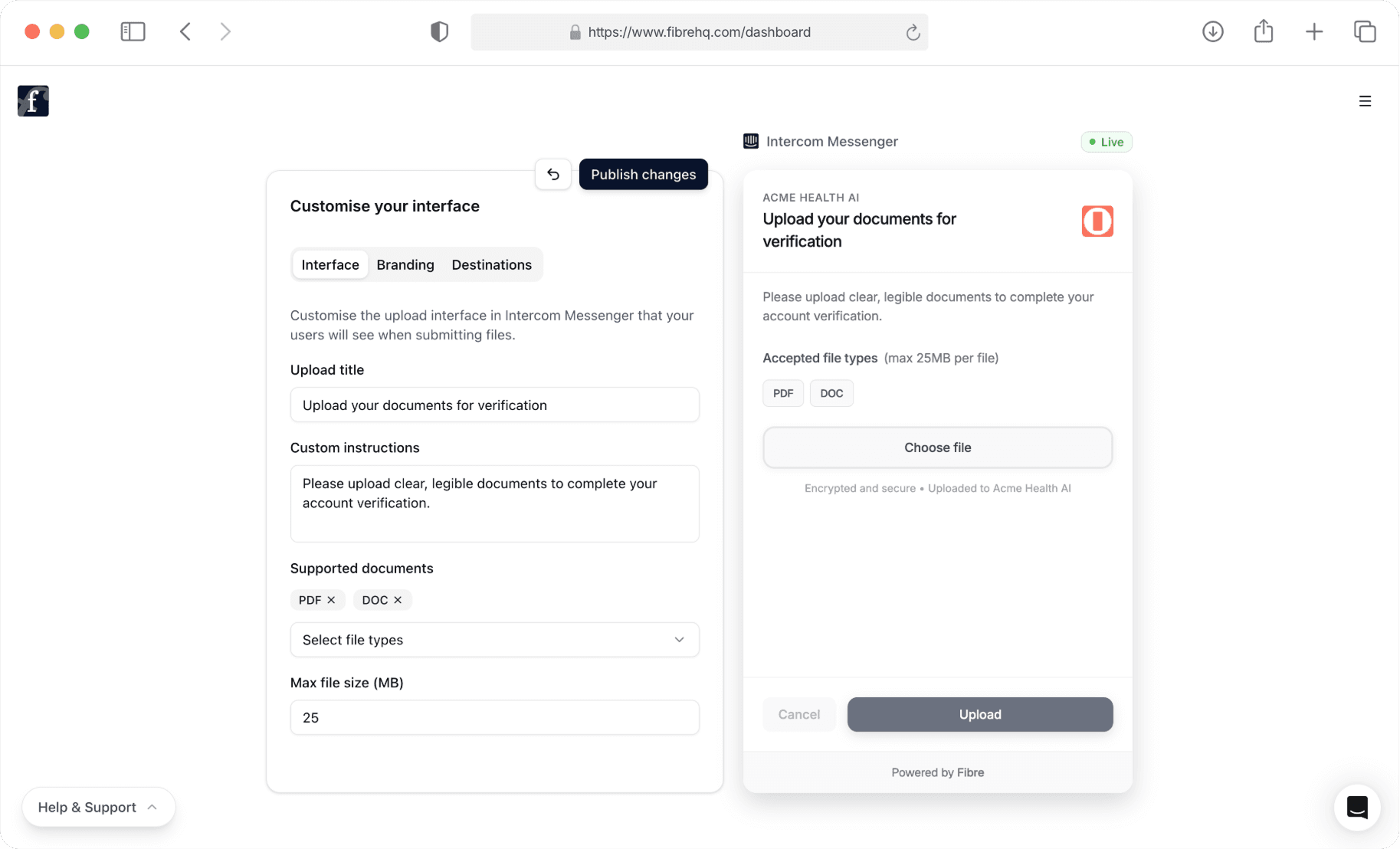 Fibre customization dashboard showing upload interface preview in Intercom Messenger